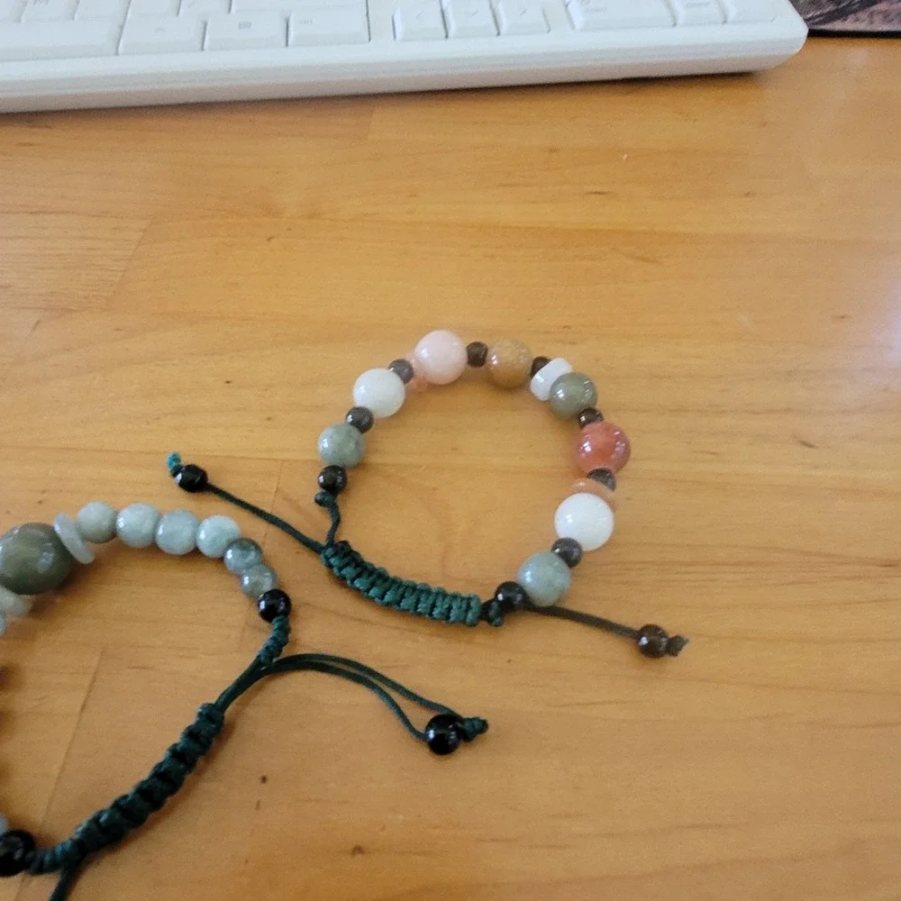 Jade Mixed Gemstone Adjustable Bracelet Pair Rose Quartz Agate Onyx